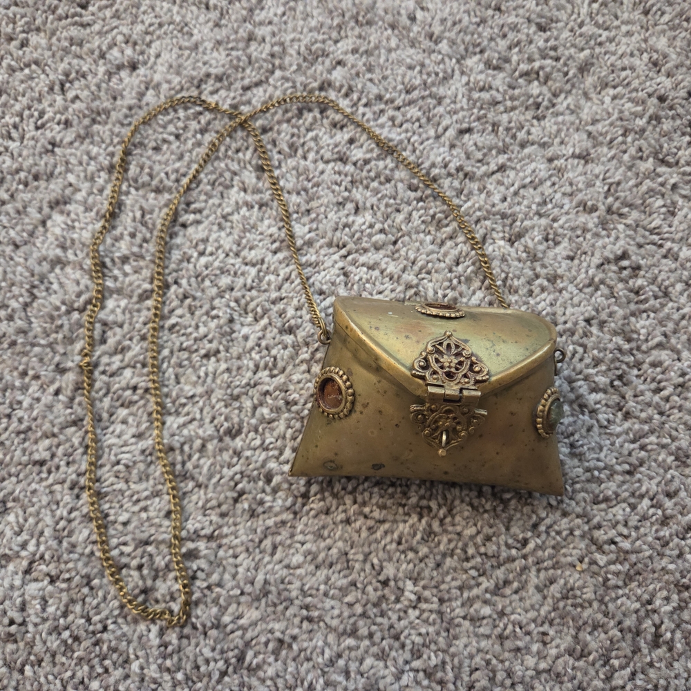 Vintage Art Deco Brass Pillow Purse Velvet Lined